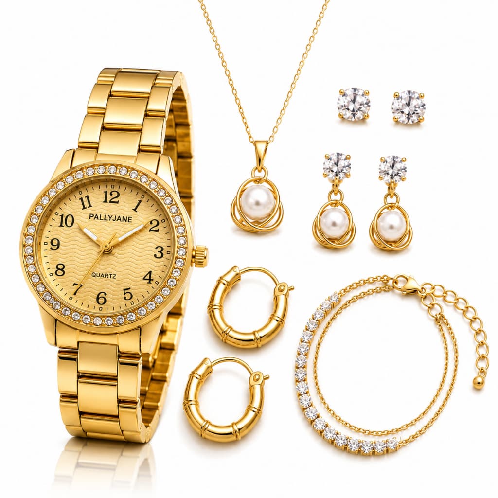 Kit Relógio Feminino Dourado Pallyjane 7 Peças + Colar, Pulseira e Brincos - Presente para Mulher, Namorada, Mãe