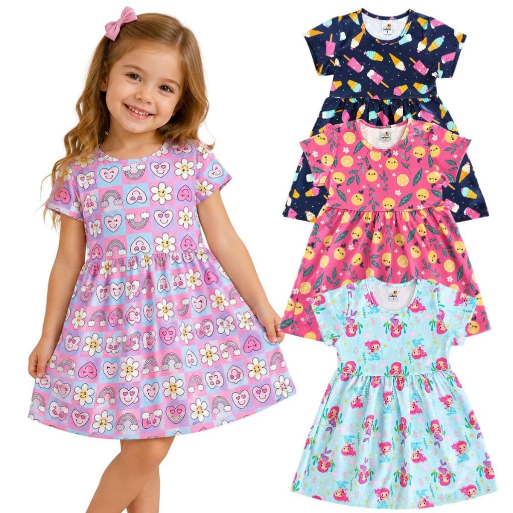 Kit 4 Vestido Infantil Juvenil Menina Premium do 2 ao 12 Sortido | Vestido Curto Menina | Vestido Soltinho Menina