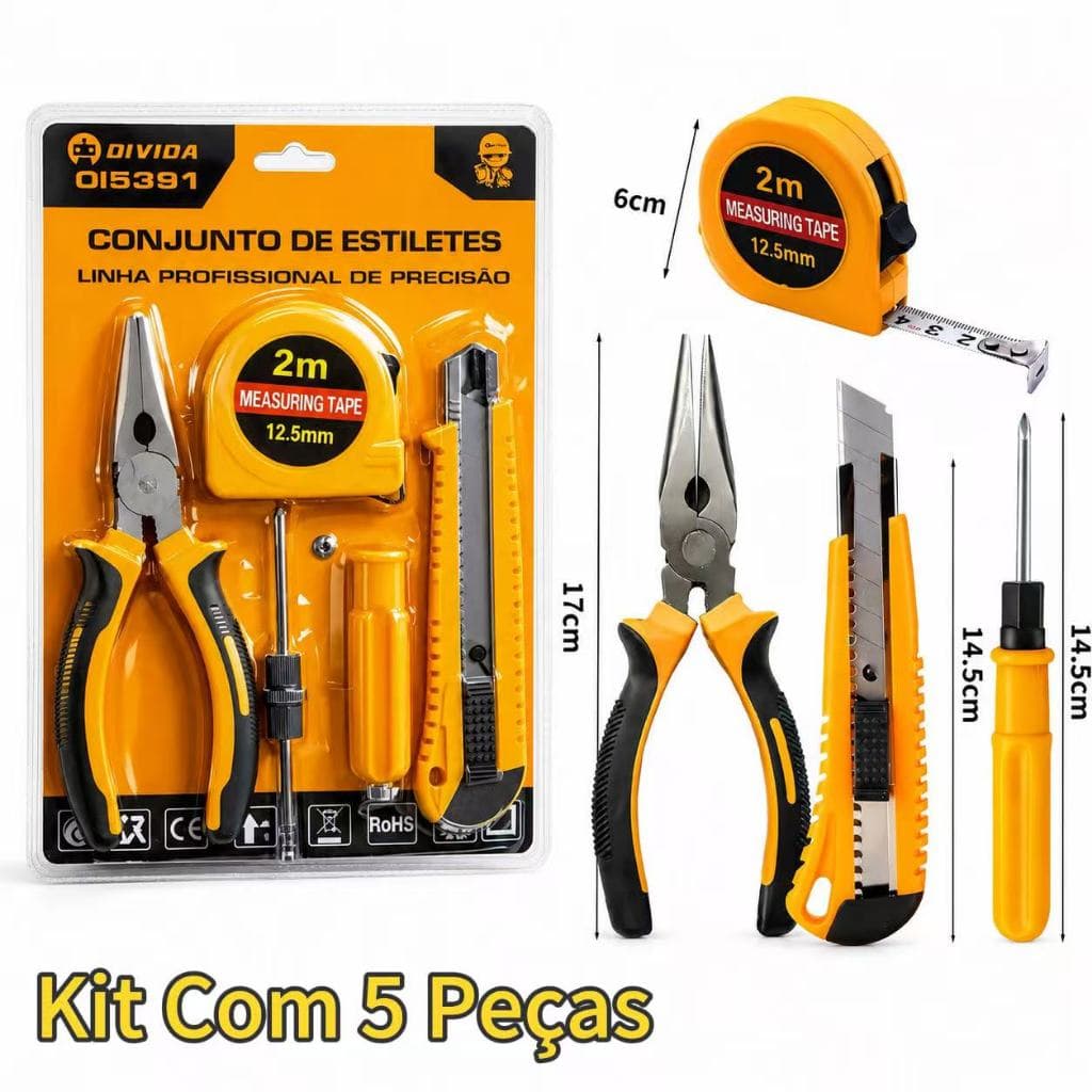 Kit Ferramentas 5,6 Peças Alicate Trena 2m  Chave Testador Uso Domestico e Profissional