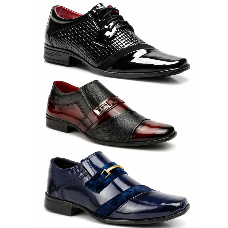 Kit Sapato Social Masculino 3 Pares Exclusivo Moderno Estiloso Confortável Verniz
