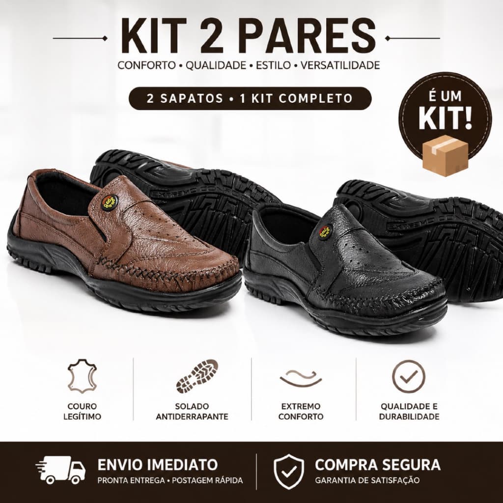 Kit 2 Pares Sapatilha Mocassim Slip Masculino Couro Legítimo Confortável e Elegante