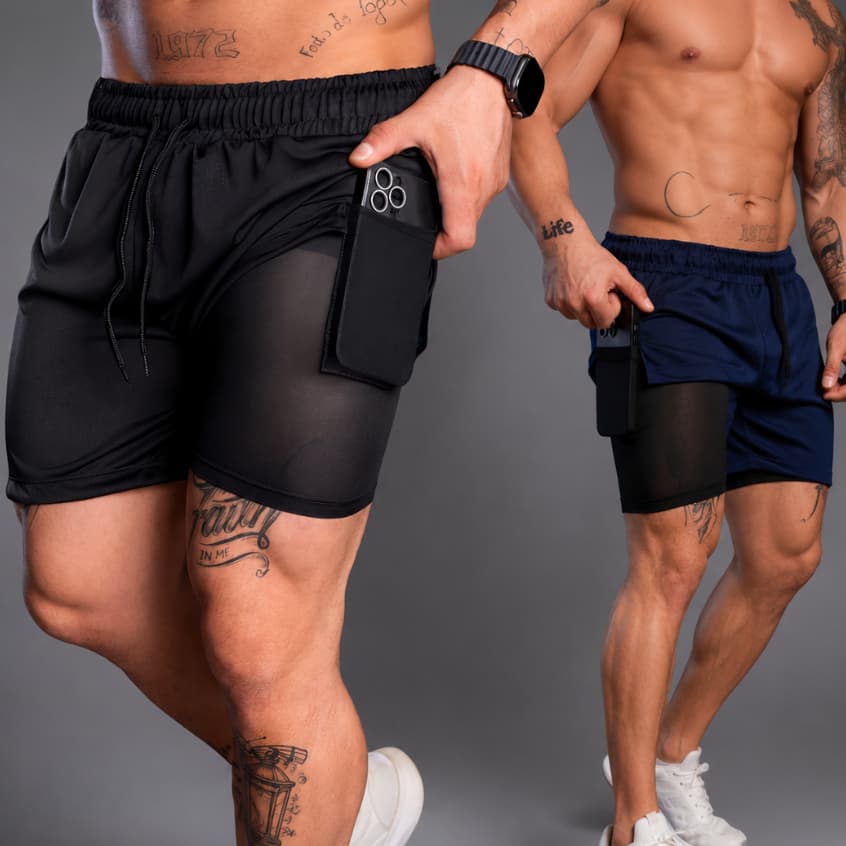 Kit 2 Short Dry 2 em 1 Bermuda Masculina Academia Treino Corrida Com Elastano