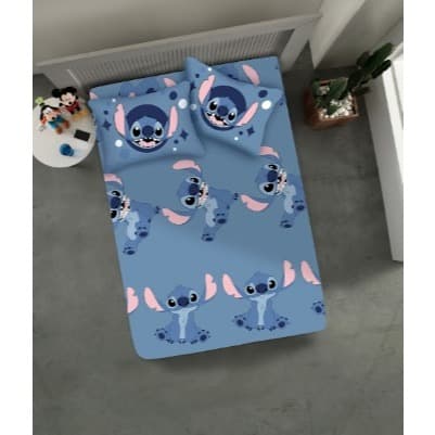 Jogo de Cama Casal Malha Premium Disney Big Stitch Joy Original Lençol com Elástico Fronhas
