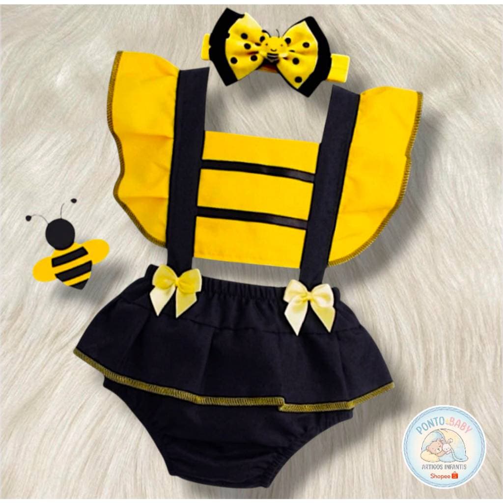 Roupa Bebê Romper Jardineira Body Abelha Abelinha + Laço Melhores Temas Menina