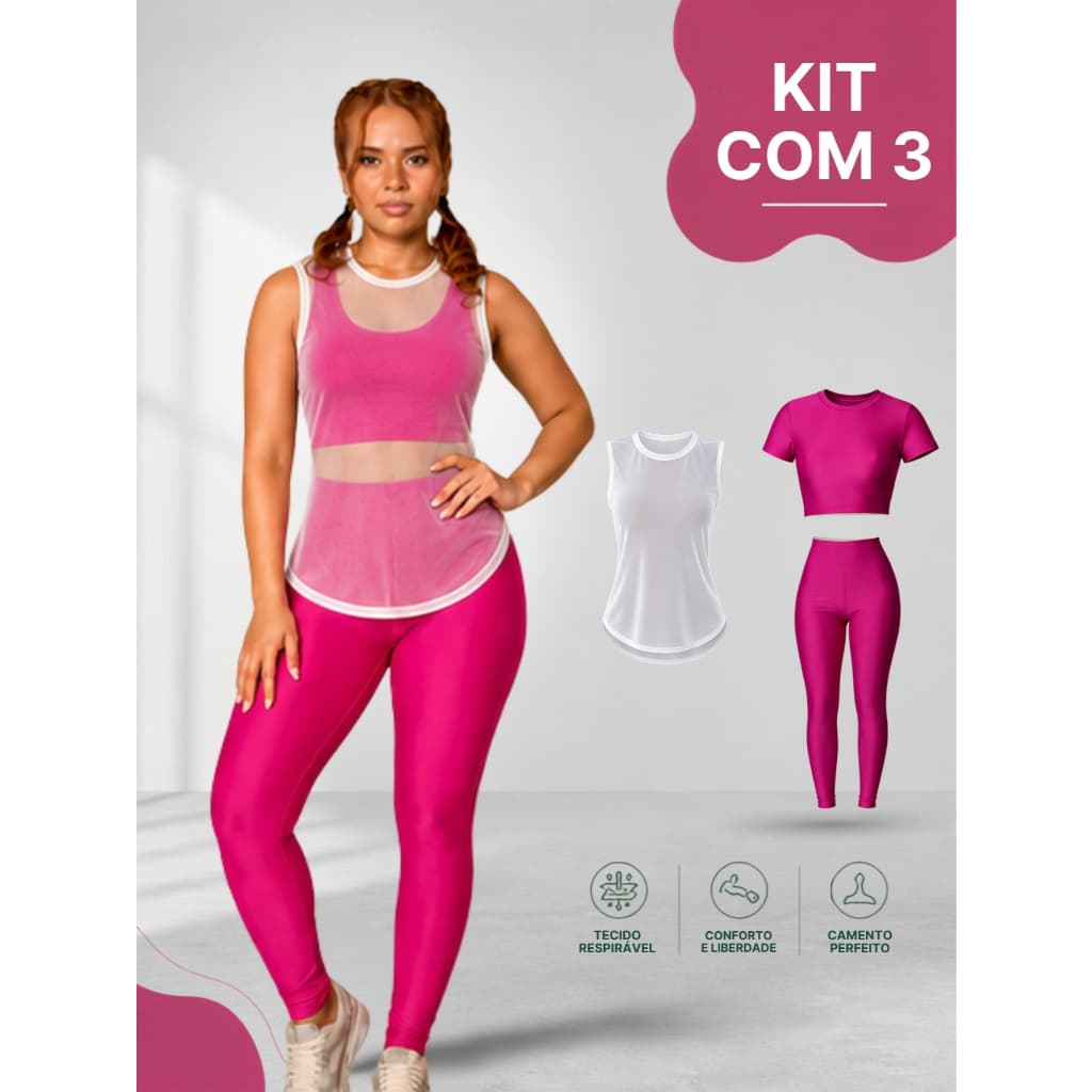 Kit 3 peças Legging Modeladora Zero Transparência e Top Fitness Costas Aberta + Regata Tule Feminina
