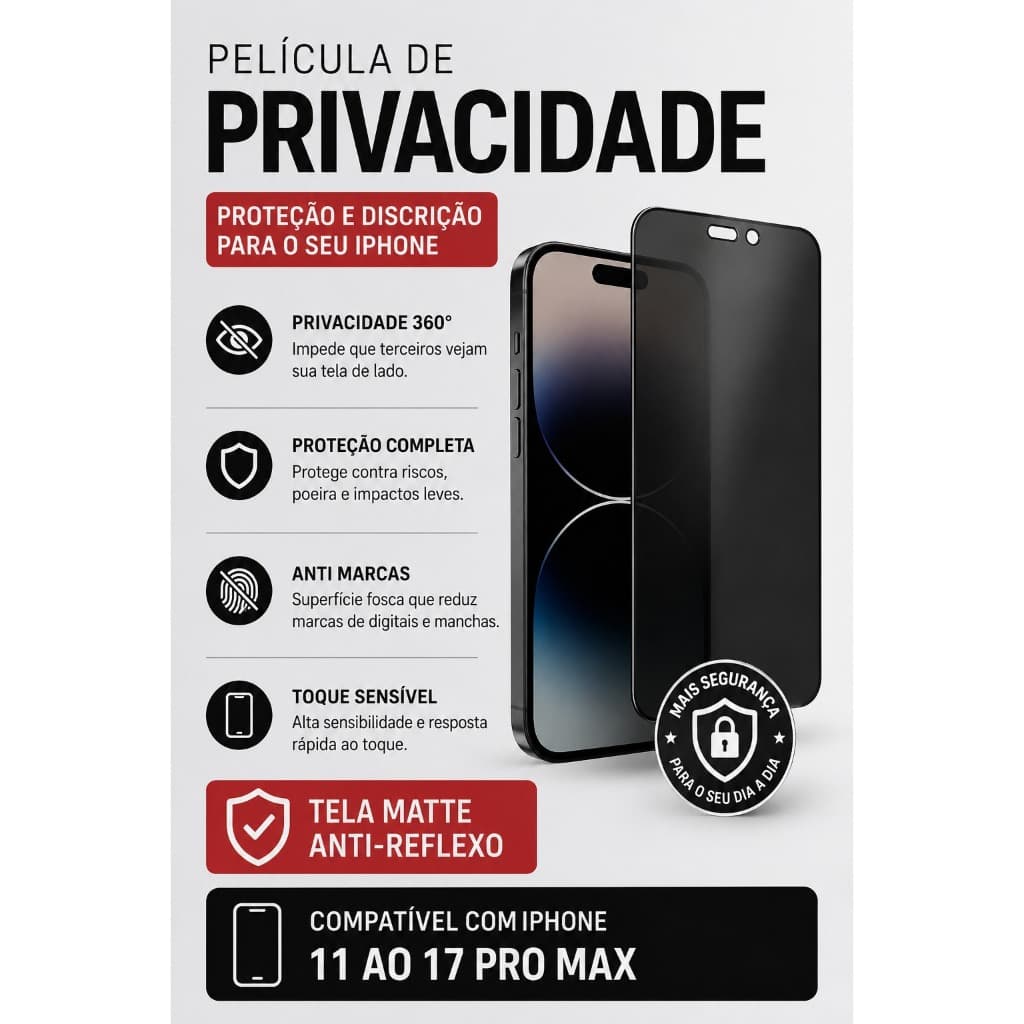 Película de Privacidade iPhone 11 ao 17 Pro Max Cerâmica Fosca Anti Espião 9H