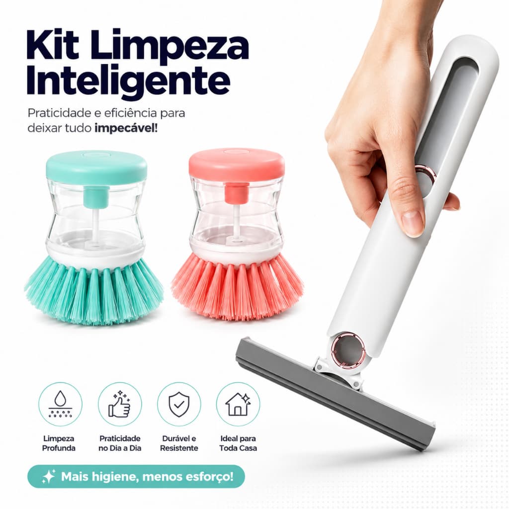 Kit Limpeza Inteligente Mini Mop Rodo Silicone + Escova Dispenser de Sabão Multiuso para Cozinha Banheiro Vidros