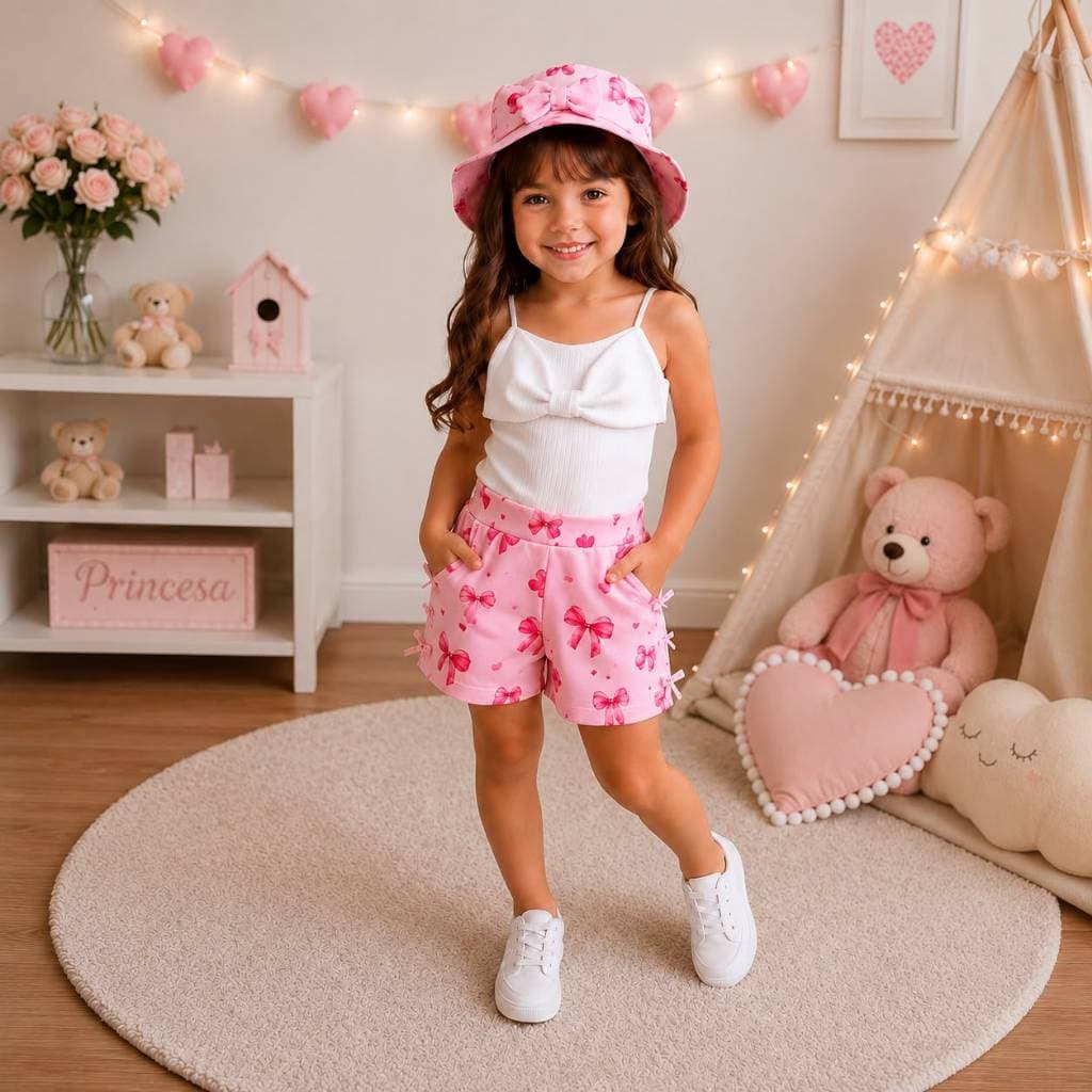 Conjunto Infantil Menina Look Completo Regata Branca Short Rosa Laços com Chapéu Verão