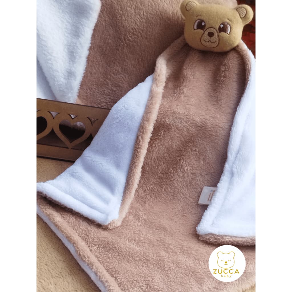 Kit Manta Bebê Fofinha Dupla Face + Naninha com ursinho cor Bege escuro - Presente Maternidade Mimo - Chá de bebe
