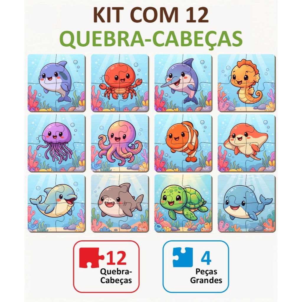 12 Quebra-Cabeças Infantil Educativo Animais Marinho MDF 4 Peças Montessori 2 a 4 Anos