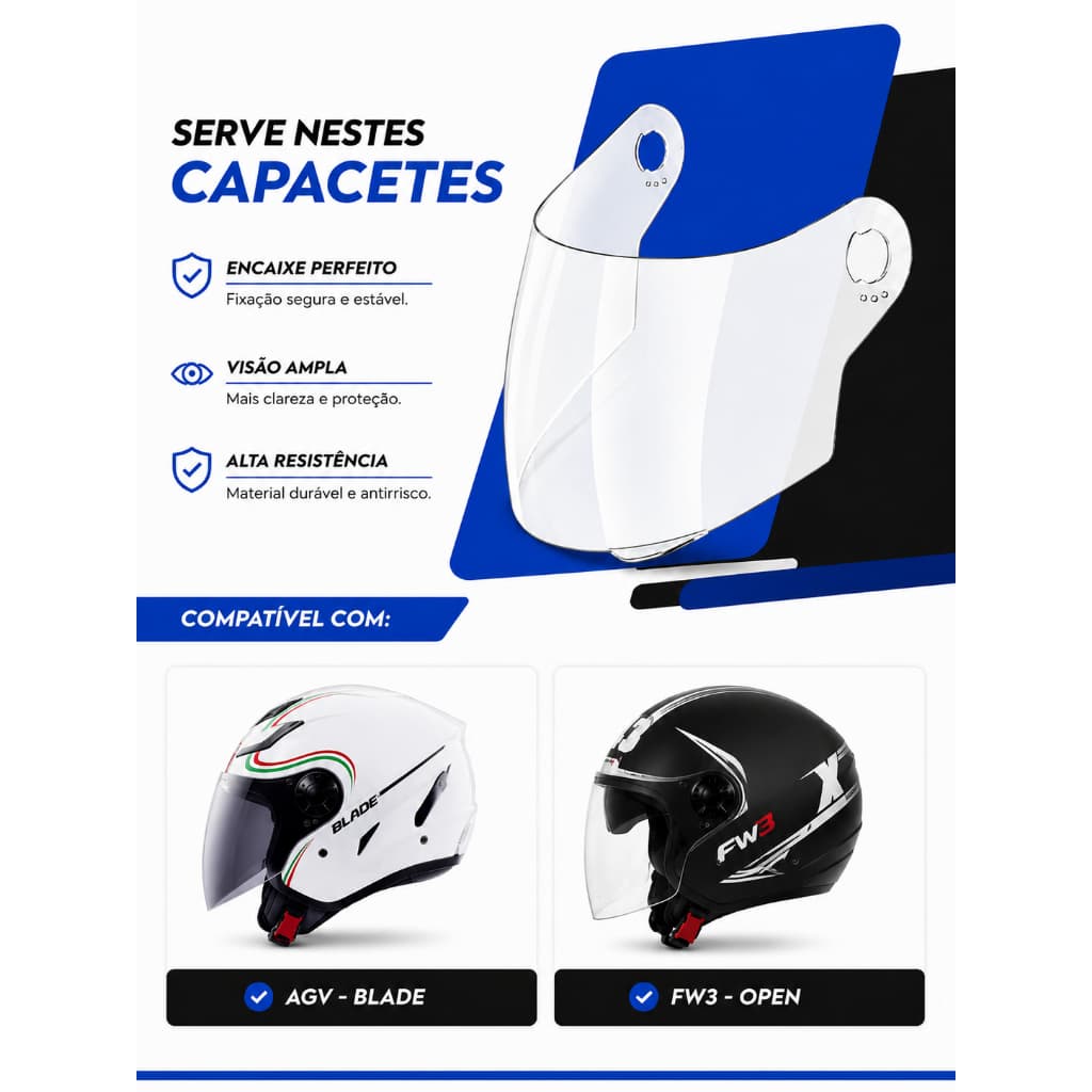 Viseira Capacete Aberto AGV - BLADE e FW3 - OPEN Cristal Fumê Transparente Resistente Flexível