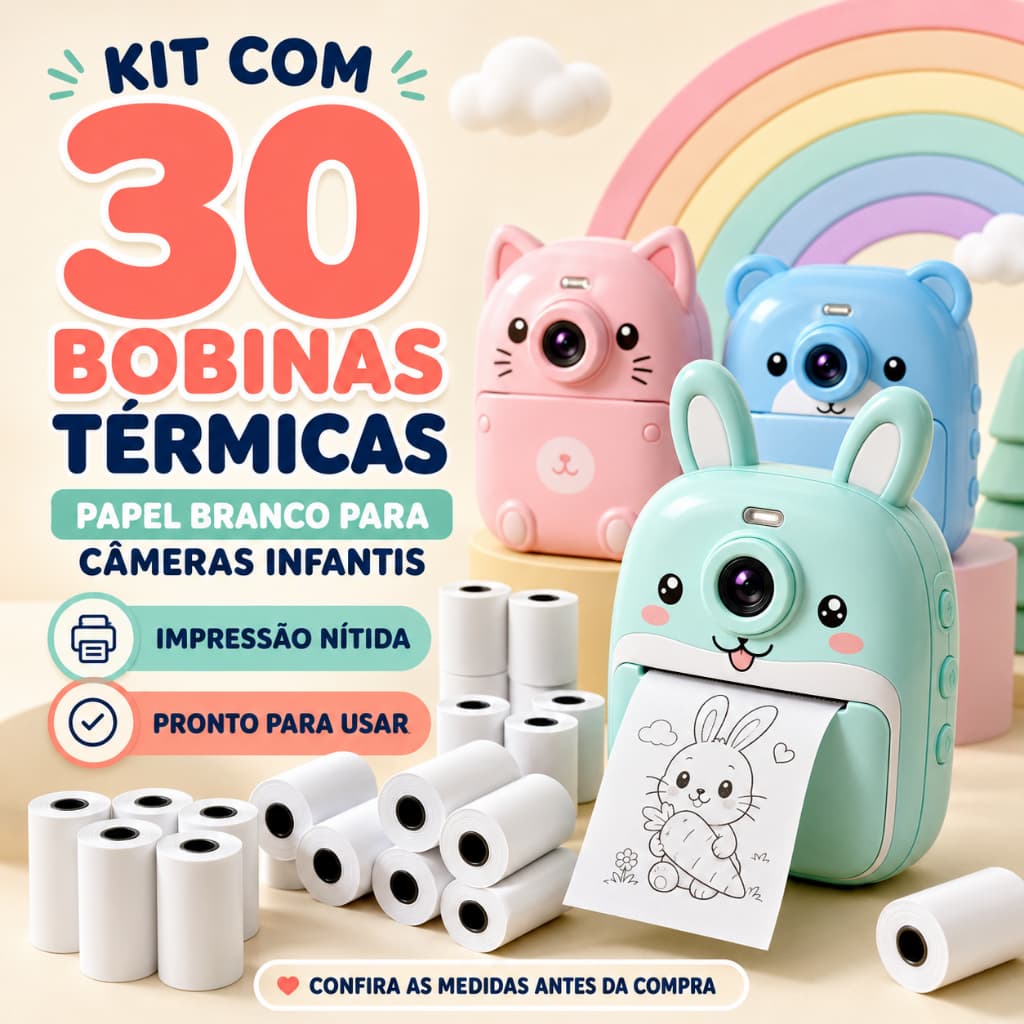 Kit 30 Rolos Refil Papel Câmera Instantânea Mini Impressora Portátil Térmica Etiqueta Maquina Fotográfica Que Imprime