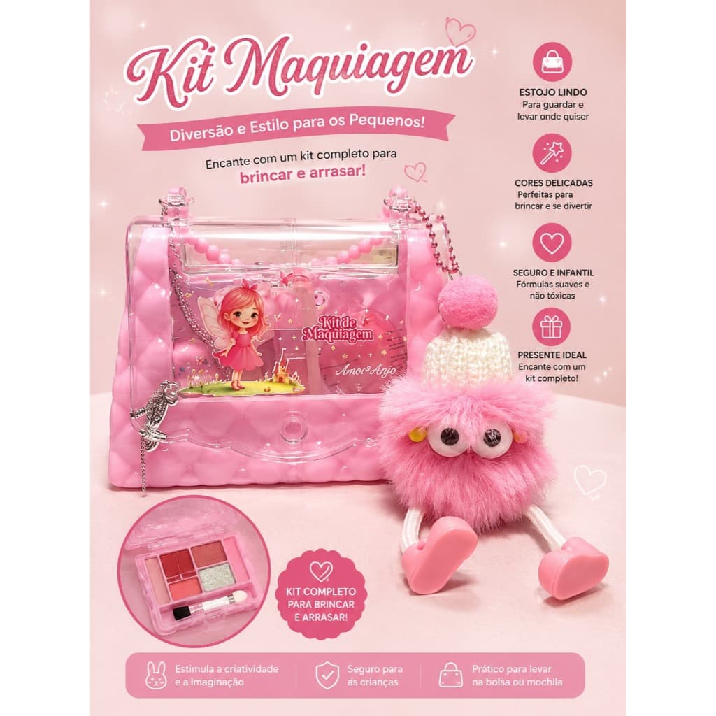 Kit Maquiagem Infantil Com Bolsinha Transparente + Chaveiro de Pelúcia