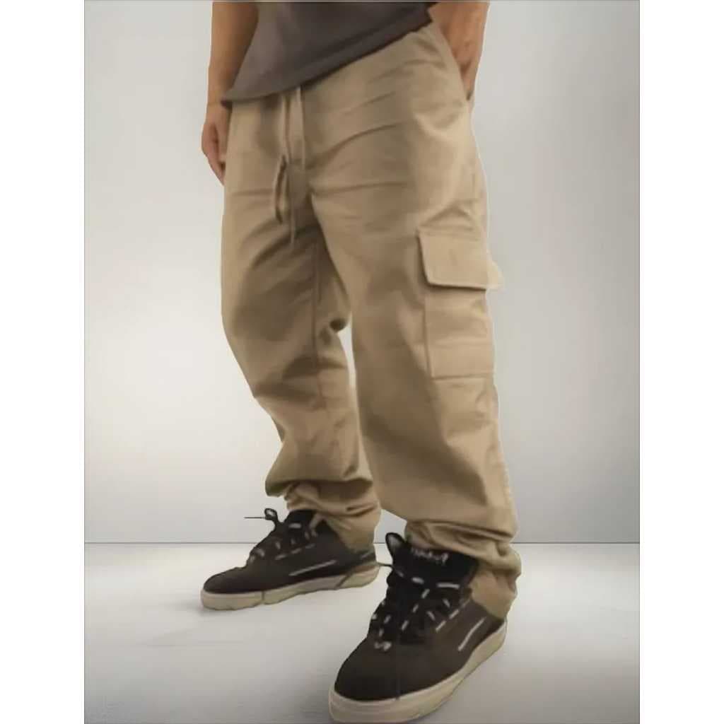 Calça Cargo jeans e sarja Larga Masculina Skate Caqui 6 Bolsos Fechamento Cordão unisex