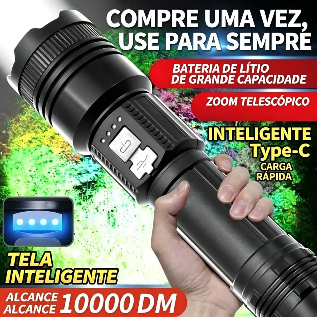 Lanterna LED Potente Zoom Recarregável Tipo C Para Camping Emergência