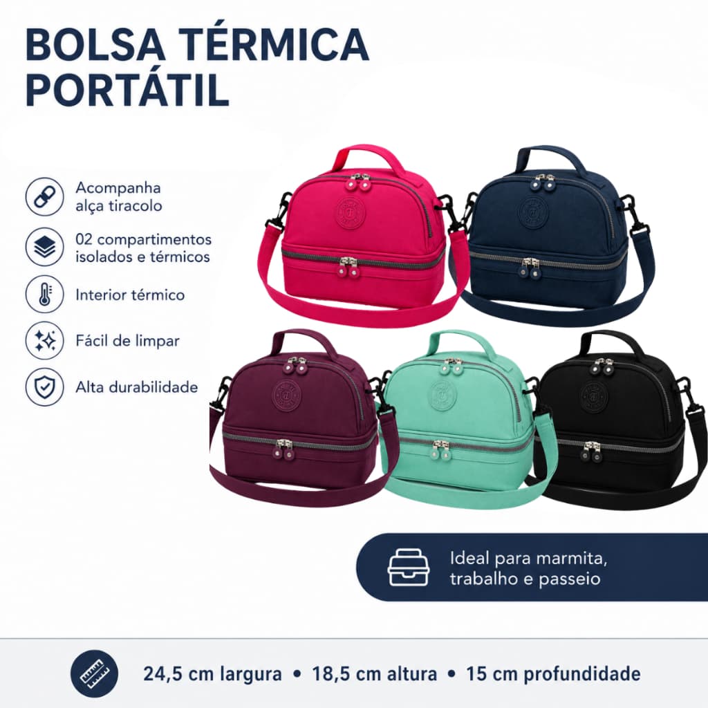 Bolsa Térmica Lancheira Marmita 02 Compartimentos Portátil e com Alça Removível