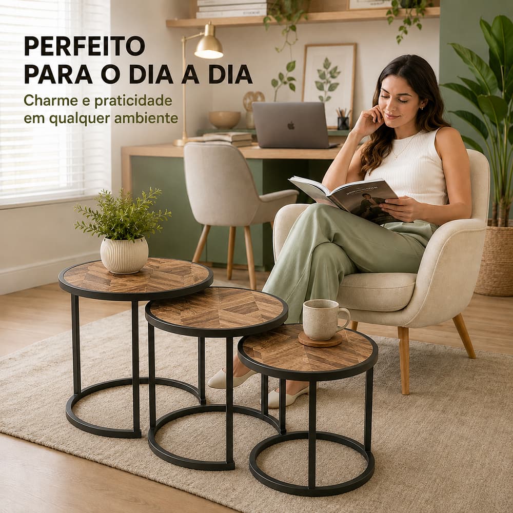 Kit Três Mesas Laterais Nestáveis Tampo Mdf Marrom Com Suporte Circular Metálico Preto, Três Tamanhos Diferentes