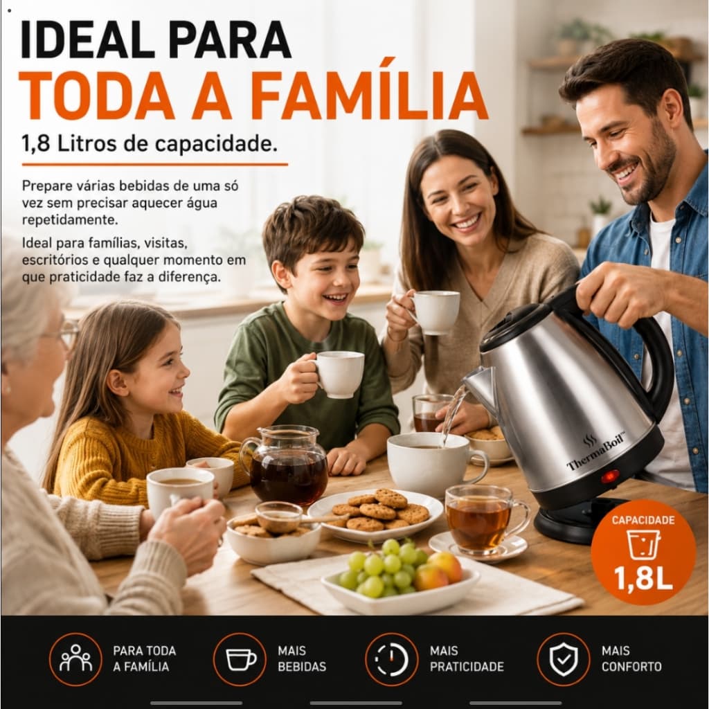 Chaleira Elétrica Inox 1,8L 1000W 127V Desligamento Automático Base 360° Fervura Rápida