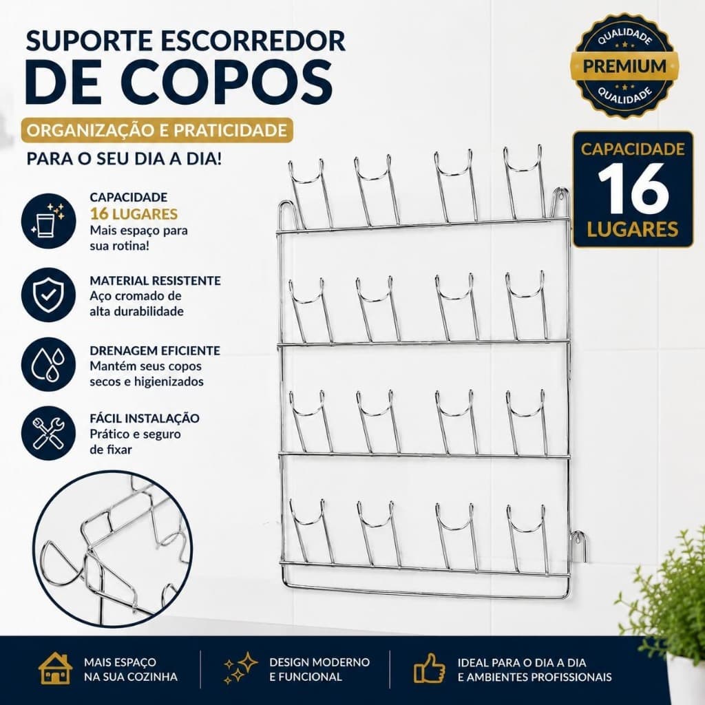 SUPORTE ESCORREDOR PARA COPOS 16 LUGARES