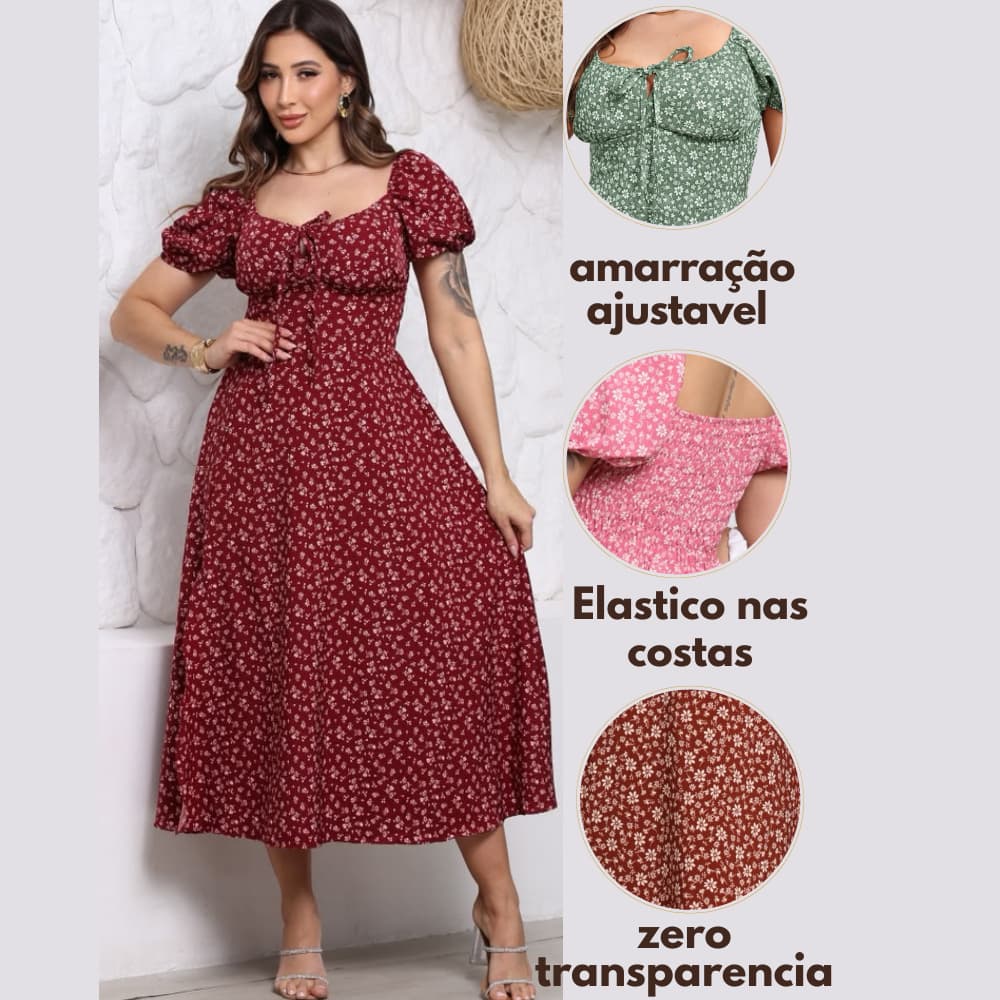 vestido feminino midi com manga marca cintura moda evangélica floral estampado elástico nas costas