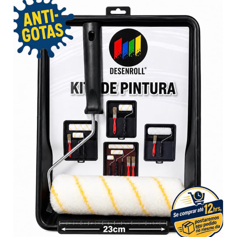 Kit Pintura 3Pçs Econômico Rolo 23cm Lã Microfibra Alto Padrão de Qualidade C/ Suporte e Bandeja Grande