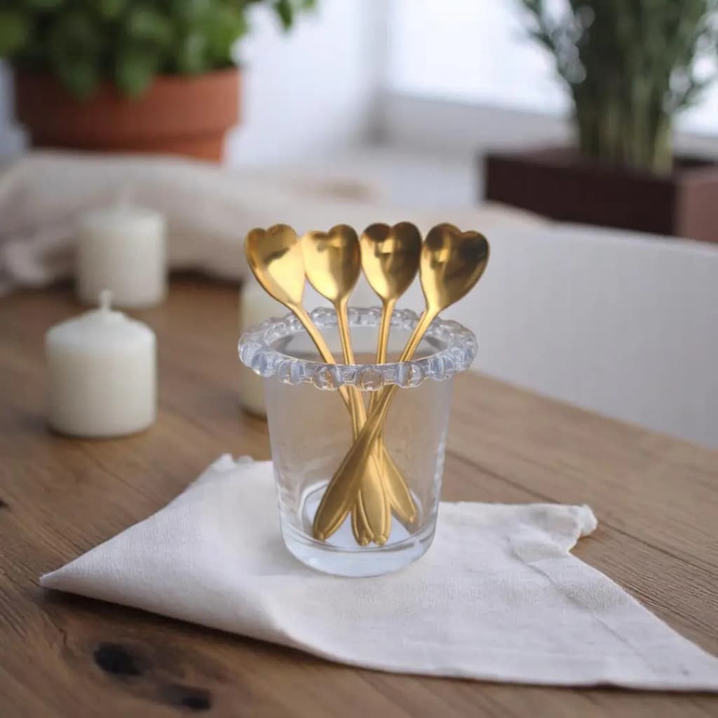 Porta Colher de Vidro com Detalhes Metalicos + 4 Colheres para Cha e Cafe ideal para mesa posta.