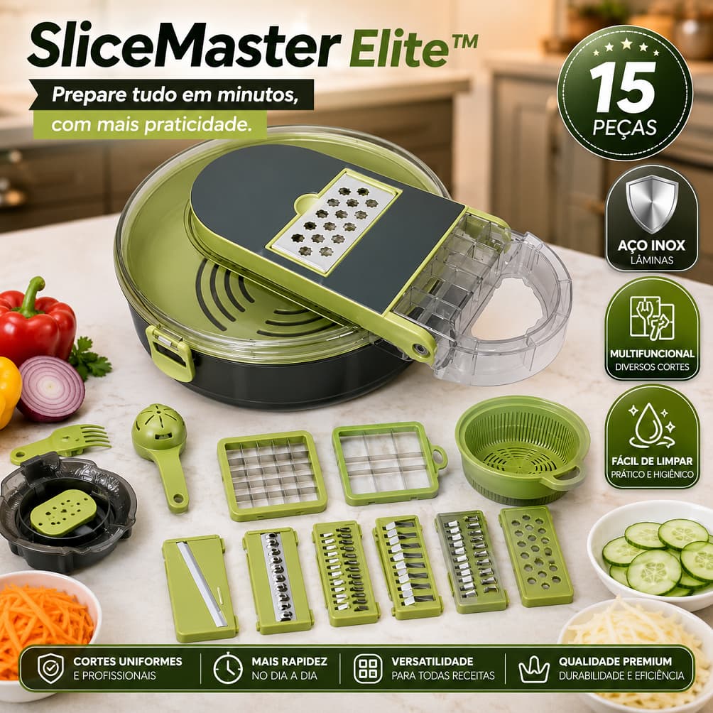 Ralador Fatiador de Legumes 15 Peças Multifuncional SliceMaster Elite™ Cortador de Vegetais com Lâminas em Aço Inox