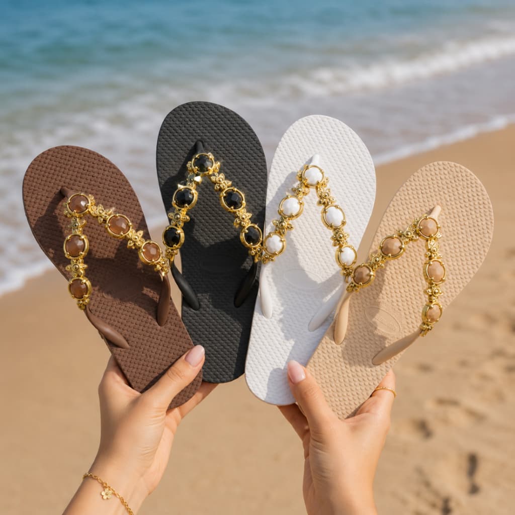 Chinelo Feminino Pedraria Com Strass E Dourado Luxo E Conforto Para O Seu Dia A Dia Chique