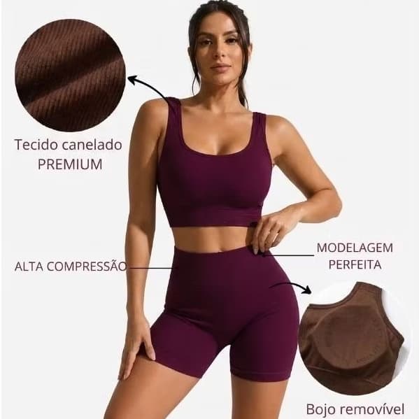 Conjunto Fitness Feminino Short Canelado Sem Costura Cintura Alta Top Nadador Bojo Removível Academia Não Transparente..