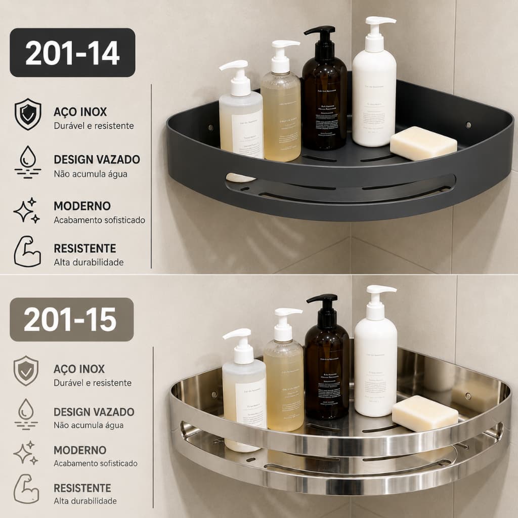 Prateleira Banheiro Aço Inox Reta e Canto 28cm 30cm 39cm Cola ou Parafuso