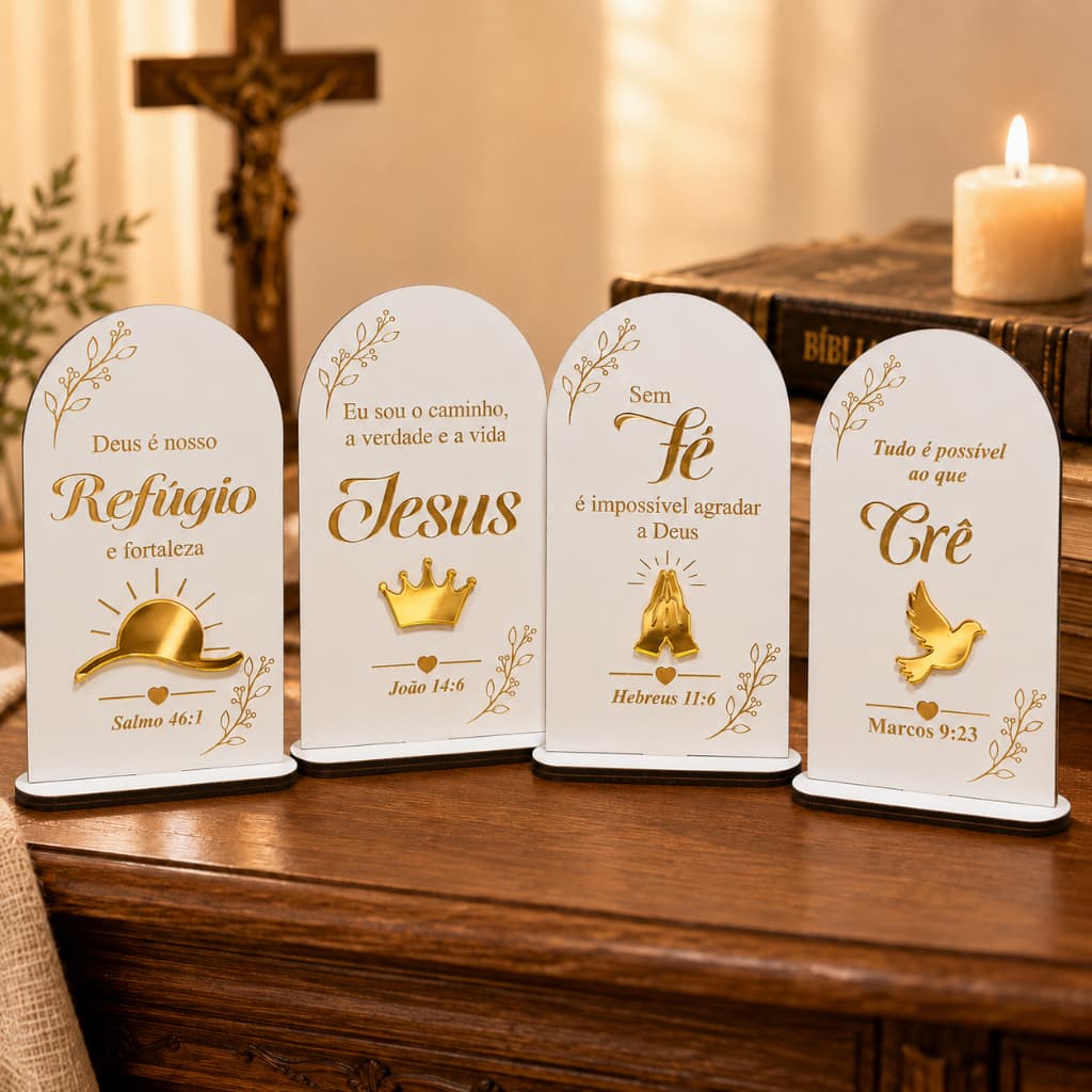 Crucifixo De Mesa MDF Branco Com Acrílico Espelhado Dourado Decoração Religiosa Altar Oração Fé