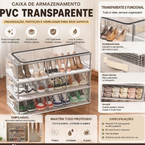 Caixa Organizadora Multiuso para Sapatos em PVC Transparente Grande