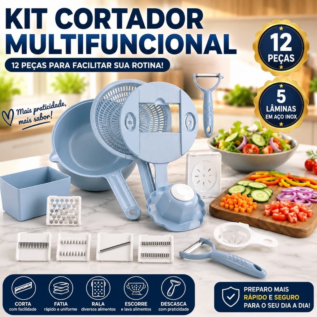 Kit Ralador Fatiador De Vegetais 12 Peças Multiuso Cortador Legumes Completo Cozinha