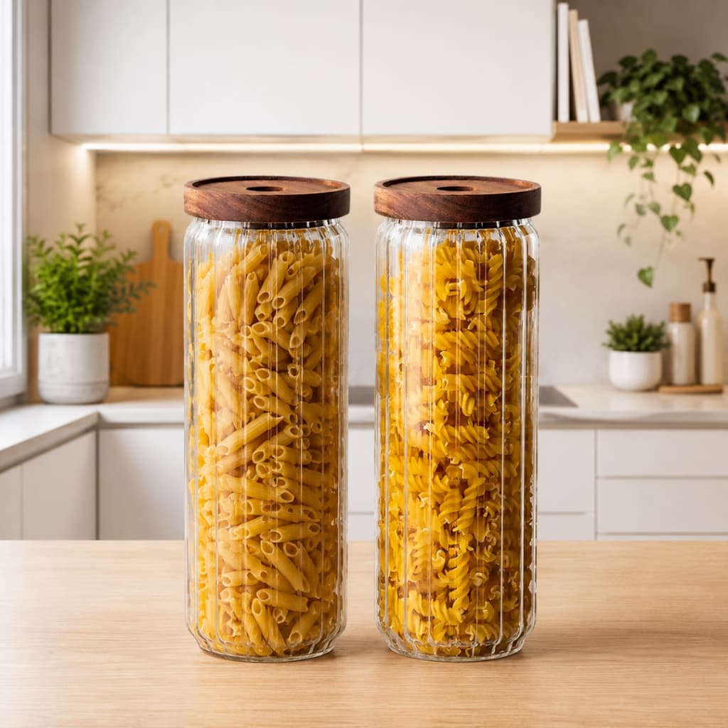 Kit 2 Potes Porta Mantimentos 1400ml de Vidro Canelado Tampa De Madeira Acácia Para Macarrão Massas Cereais Arroz Feijão