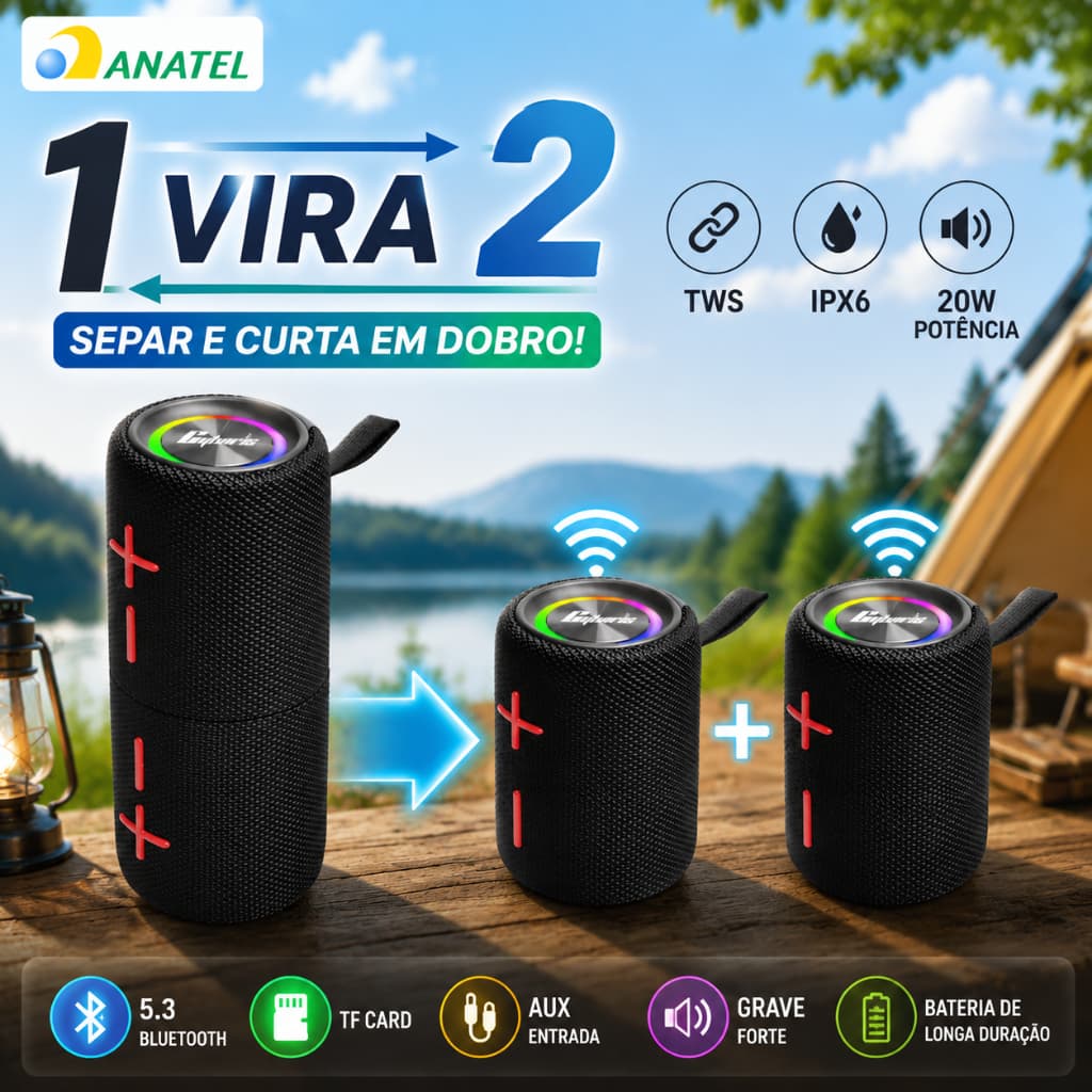 Caixa de Som Bluetooth TWS 1 em 2 Portátil 20W Grave Potente IPX6 Sem Fio Presente para Camping