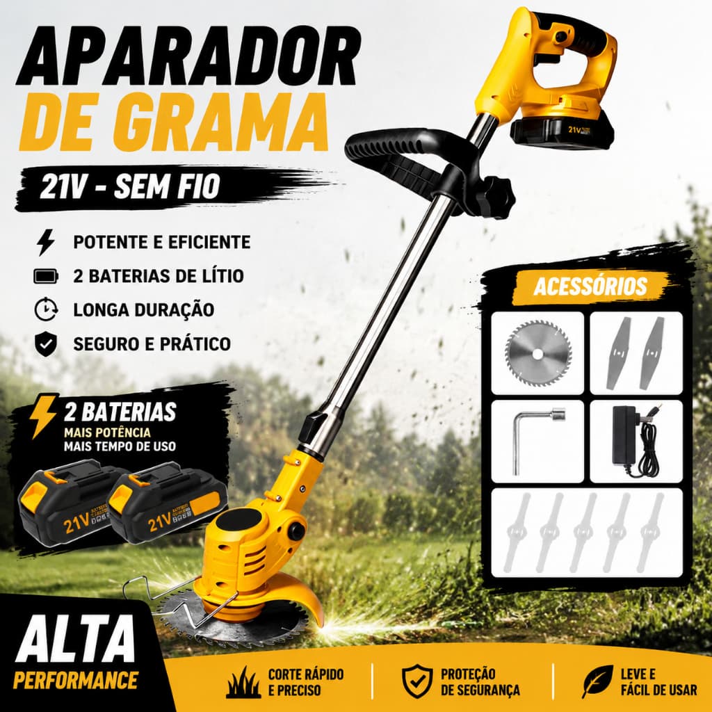 Roçadeira Aparador Cortador de Grama Profissional Sem Fio C/ 2 Baterias 21v e Acessórios