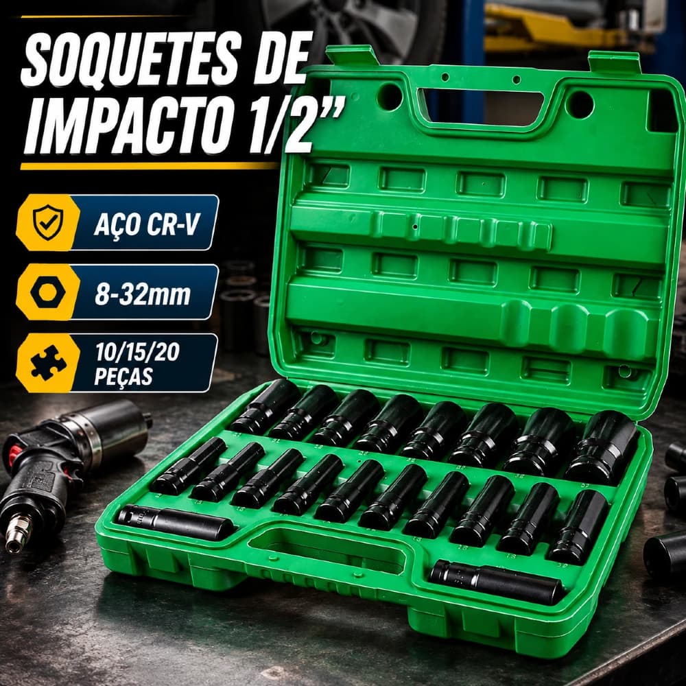 Jogo de Soquetes de Impacto Longo 1/2" 10/15/20 Peças - 8 a 32mm em Aço Cromo-Vanádio