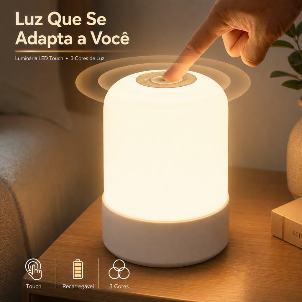 Luminária de Mesa LED Touch Recarregável USB 3 Cores de Luz com Controle Remoto Abajur Portátil