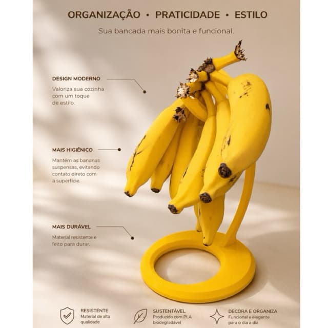 Suporte para Cachos de Banana com Base Estável - Fruteira Moderna - Amadurece Rápido