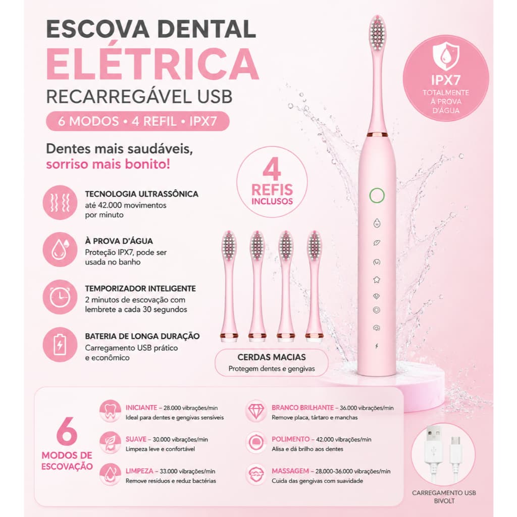 (Rosa) Escova Dental Elétrica Recarregável USB com 6 Modos e 4 Refil IPX7 - AJ-128