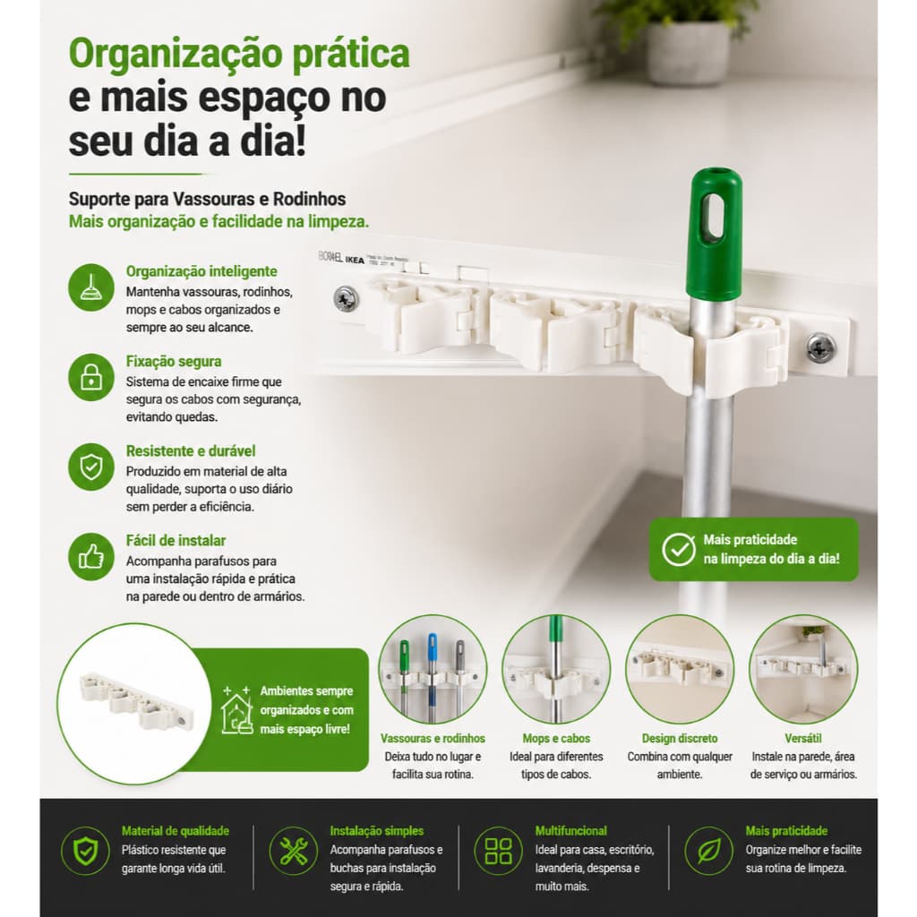 Suporte para Vassouras e Rodos de Parede | Organizador Multiuso para Vassoura, Rodo, Mop e Utensílios