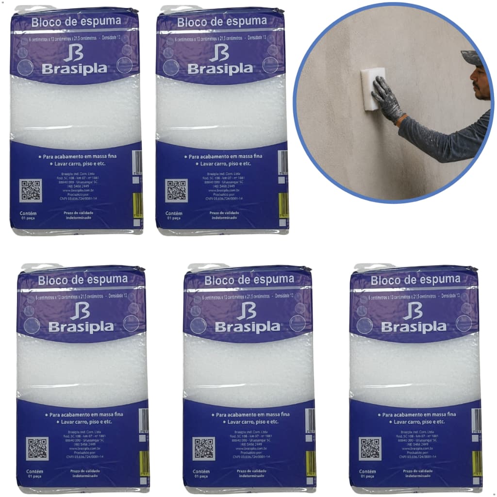 Kit 5 Blocos De Espuma Brasipla D13 Rejunte Massa Fina Reboco Lava Carro Piso Parede Azulejo Obra
