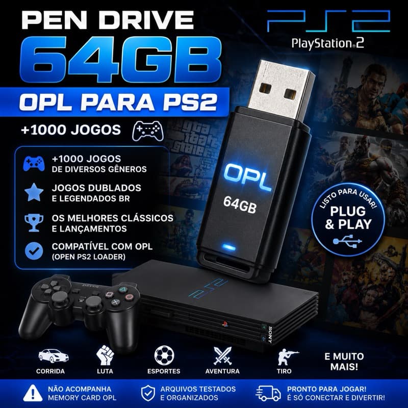 Pen Drive 64GB OPL para PS2 - Diversos Jogos