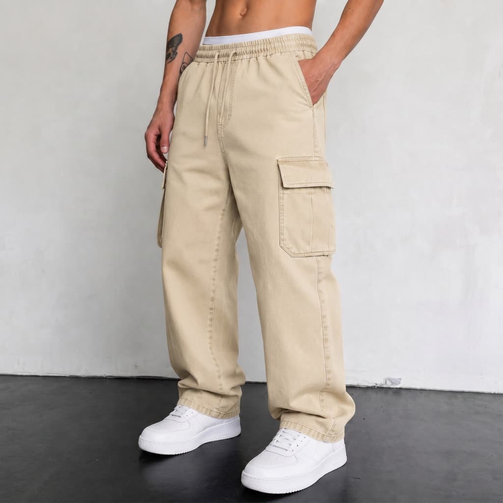 Calça Cargo Sarja Jeans Masculina Streetwear Com Cintura Elástica E 6 Bolsos