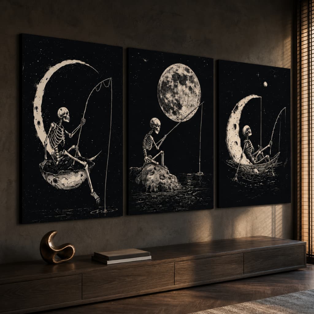 Kit 3 Quadros Decorativos Caveira Lua Preto Branco Dark Sala Quarto Escritório Presente