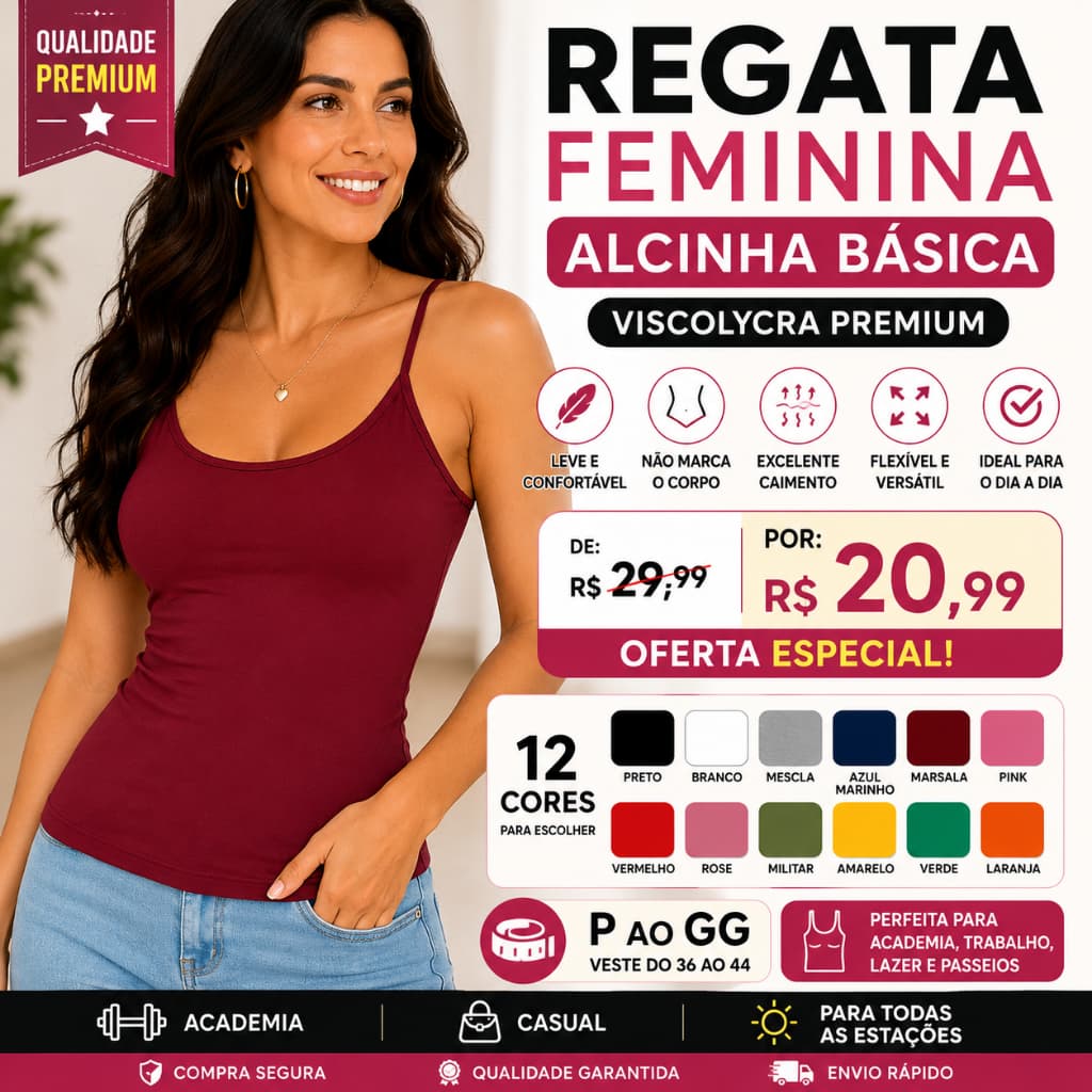 Regata Feminina Alcinha Básica Viscolycra Lisa Blusinha Confortável P ao GG