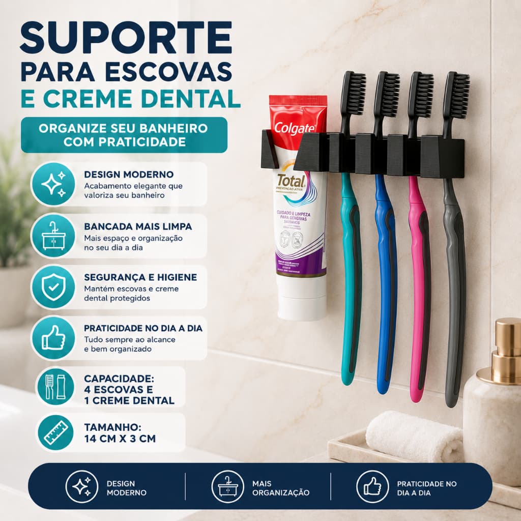 Suporte Para Escovas de Dente e Pasta de Dente Organizador 5 em 1 Moderno Luxo Com Cola 3m Para Parede Organize sua Casa