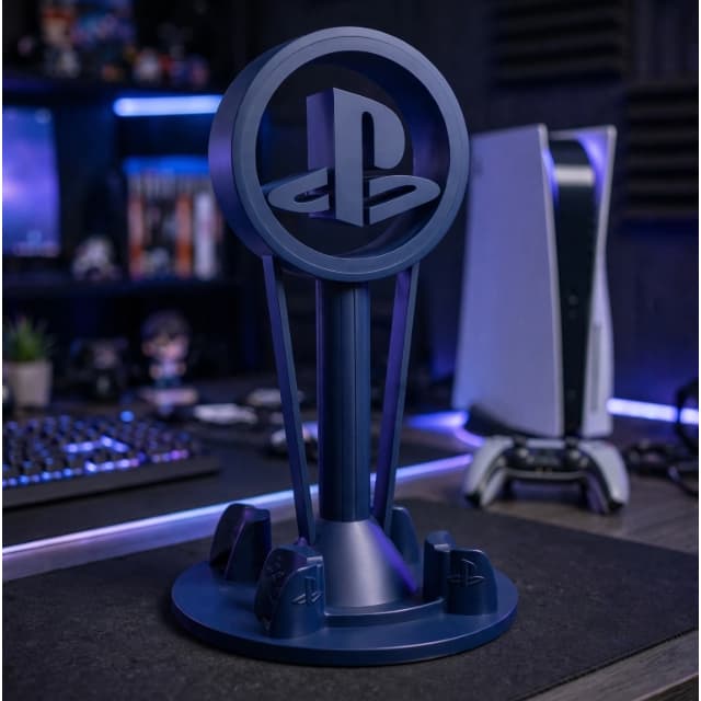 Torre Troféu PlayStation 2 Controles + Headset | Suporte PS5 Com Logo PS | Branco Azul Preto | Domora 3D