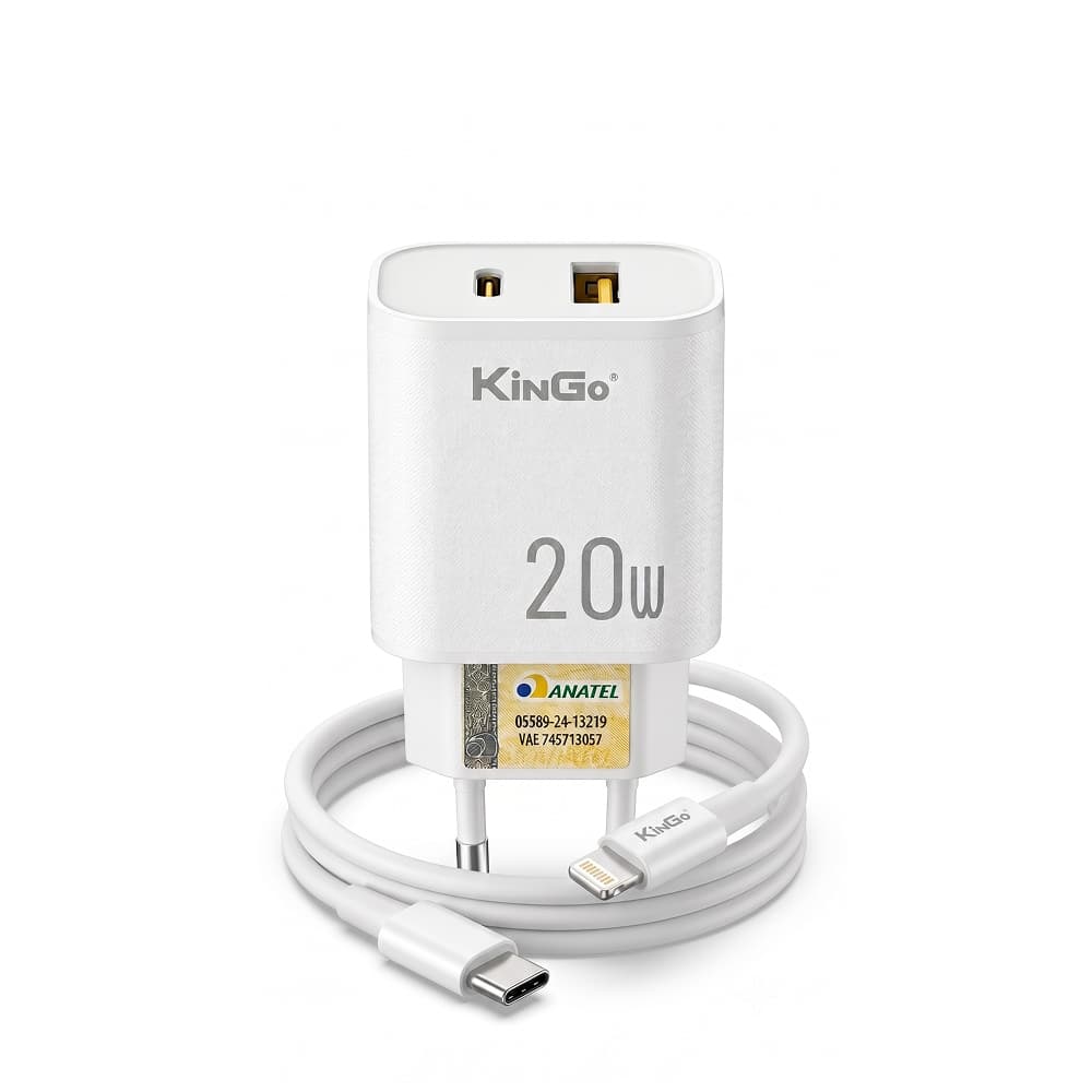 Carregador Turbo 20W Duplo KinGo + Cabo Lightning iPhone Anatel