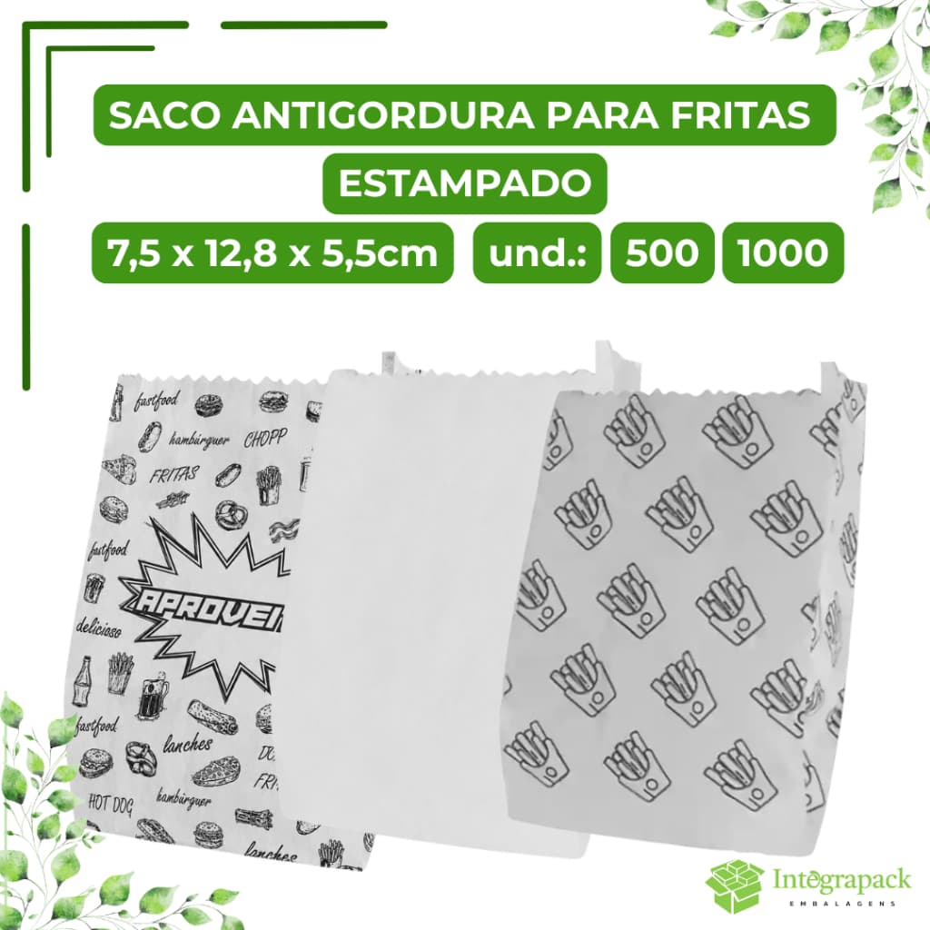 Saco Antigordura Estampado para Batata Frita Lanches Gordurosos 7x13cm 500 unidades